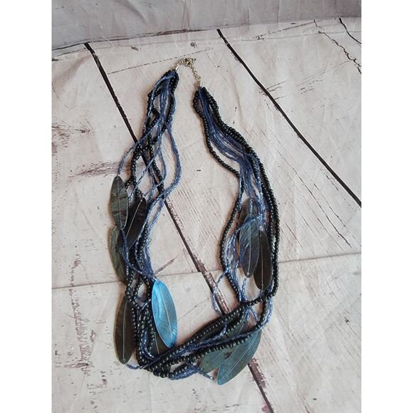 Earthy Boho Style Chunky Double Strand Beaded Shell Necklace Blue Tones - Picture 1 of 6